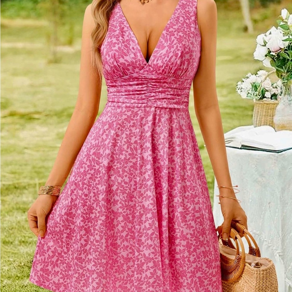 Sleeveless Pink Floral V-Neck Asymmetrical Dress